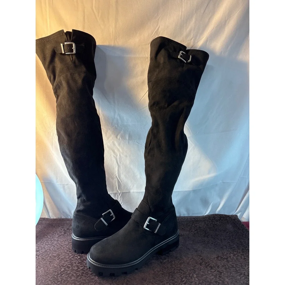 Nine West Black Faux Suede Over The Knee Lug Sole Buckle Boots WNNANS2 Size 8.5